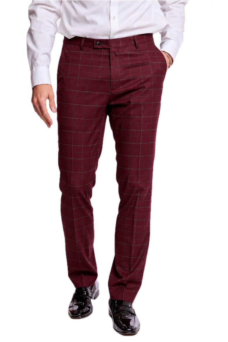 Downing Slim Fit Windowpane Check Pants, Main, color, DARK BURGUNDY WINDOWPANE