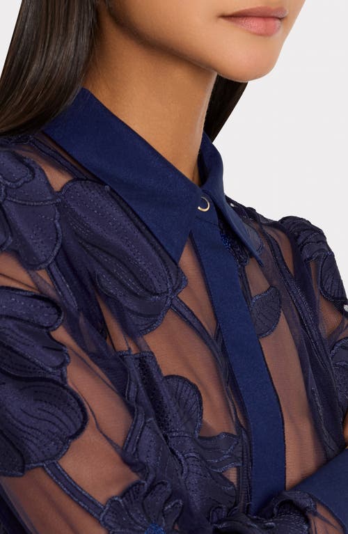 Milly Ashton Grand Fleur Appliqué Sheer Button-up Shirt In Blue