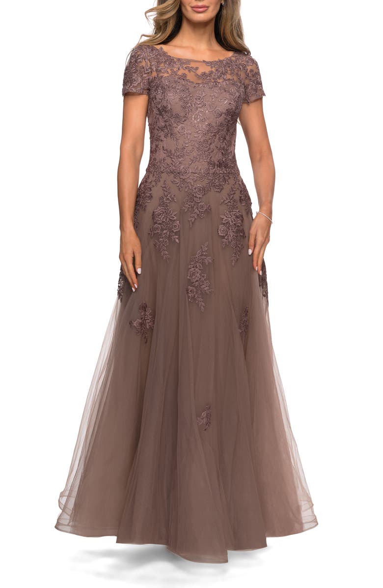 La Femme A-line Formal Gown with Floral Lace Appliques, Main, color, Cocoa