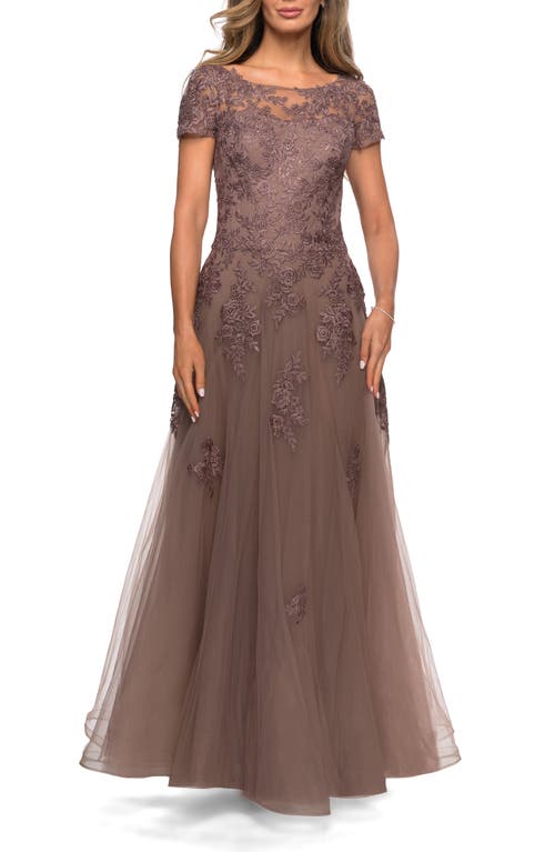La Femme A-line Formal Gown With Floral Lace Appliques In Cocoa