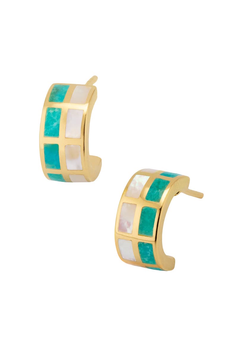 Dash Huggie Earring Set In Sterling With 18K Gold Overlay, Alternate, color, WHITE-TURQUOISE