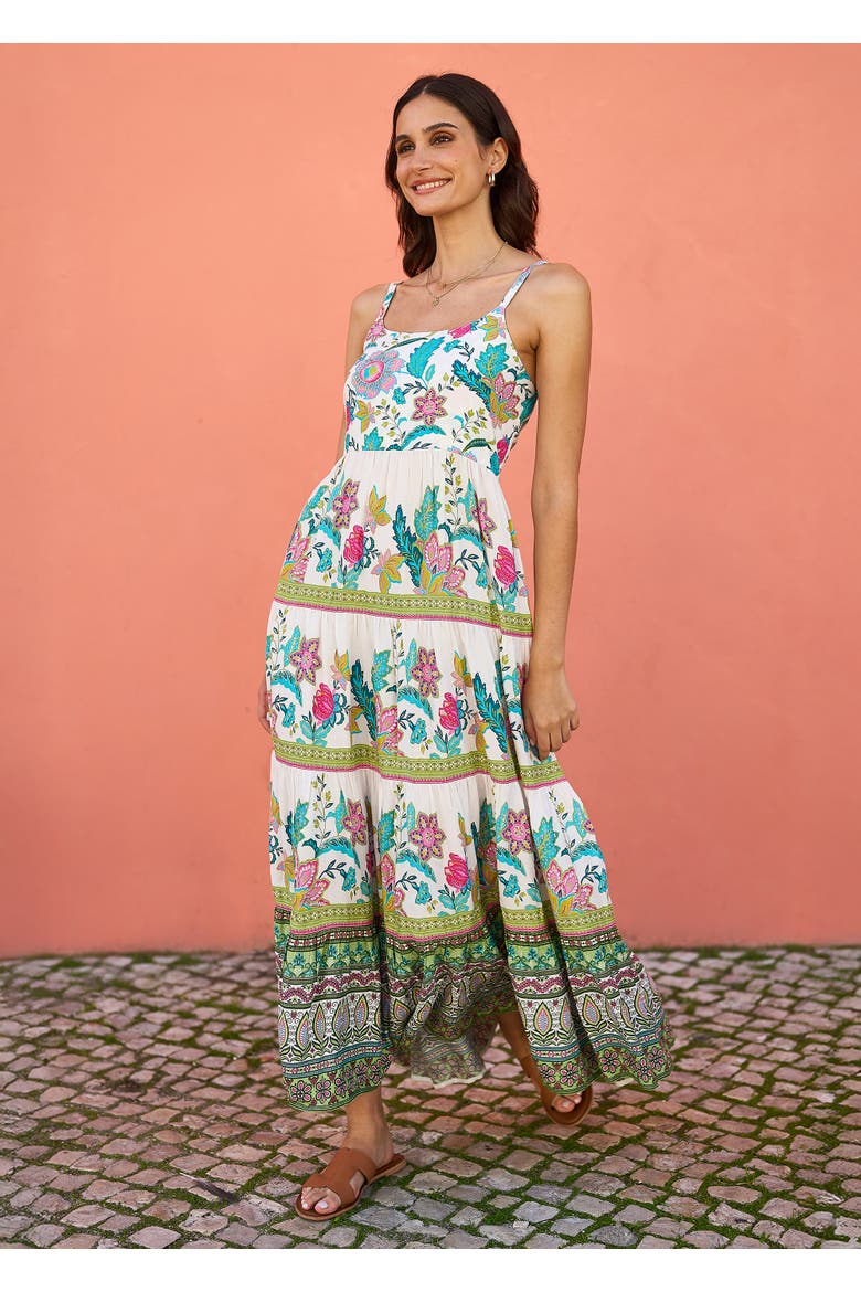 Floral Block Print Tiered Maxi Sun Dress, Alternate, color, Ivory