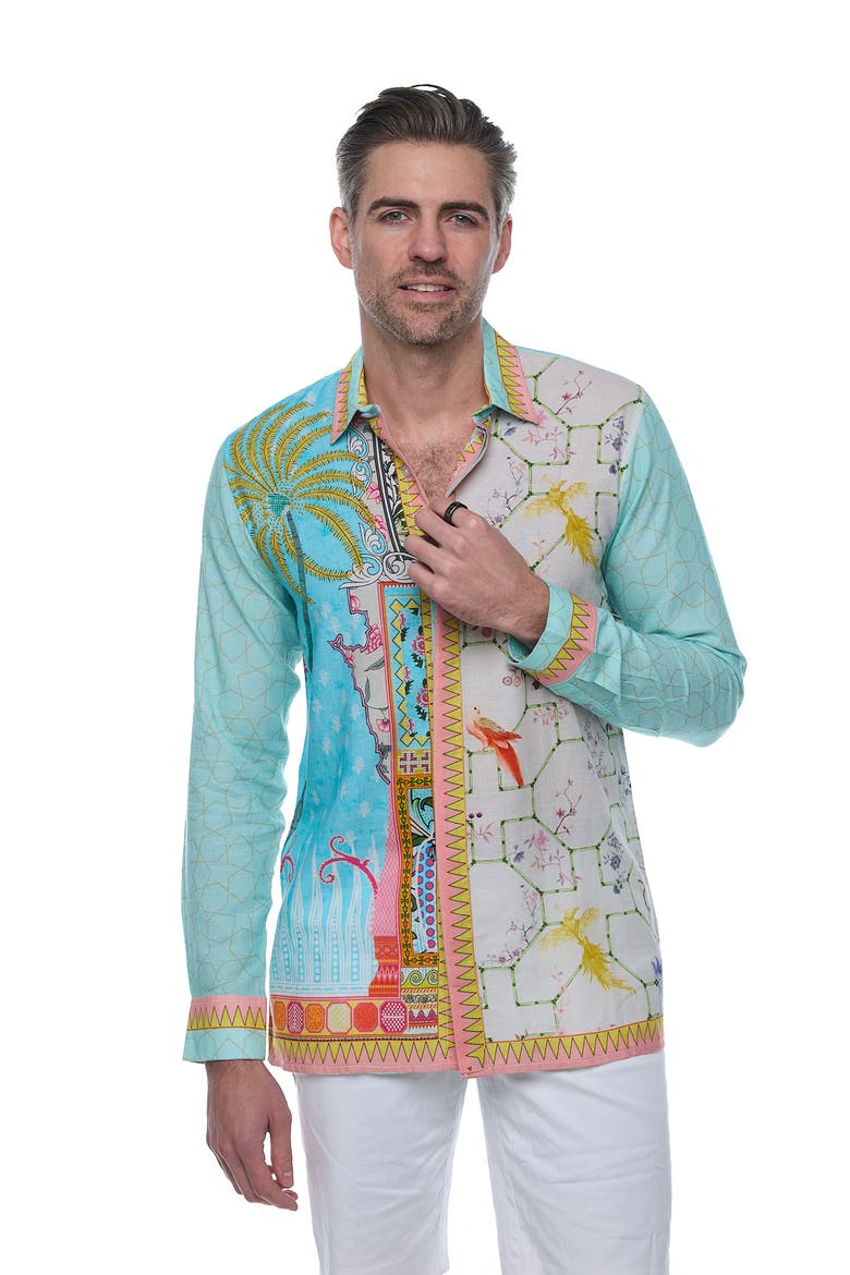 Extra Trim Fit Print Linen & Cotton Button-Up Resort Shirt, Alternate, color, GREEN