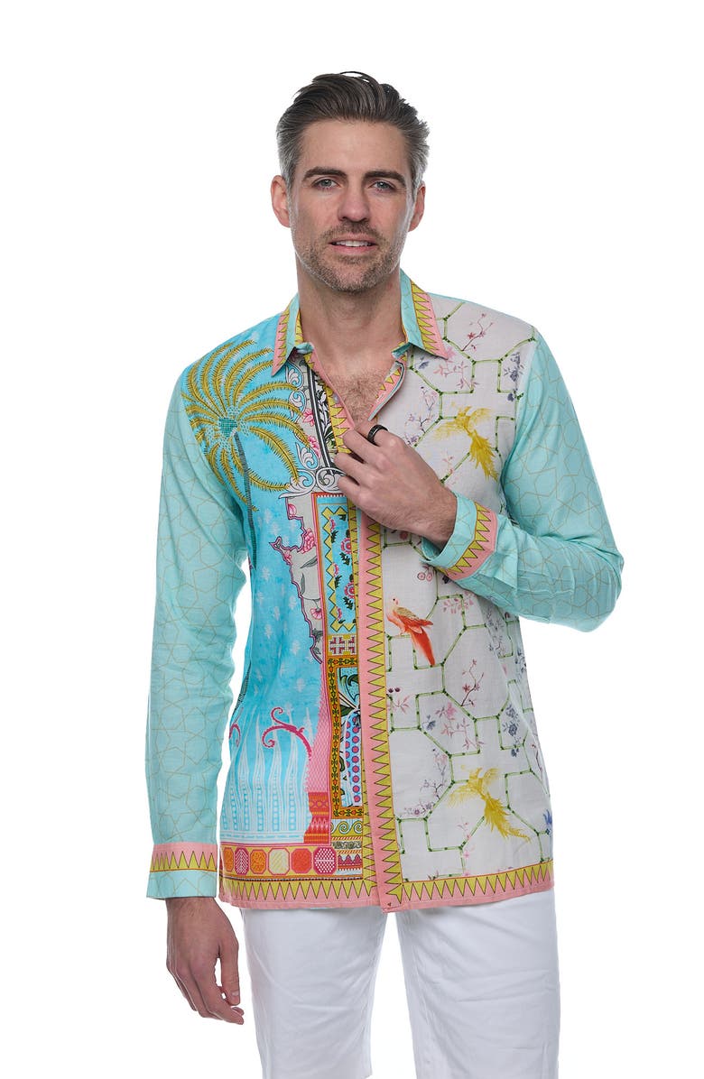 RANEES Extra Trim Fit Print Linen & Cotton Button-Up Resort Shirt, Alternate, color, Green