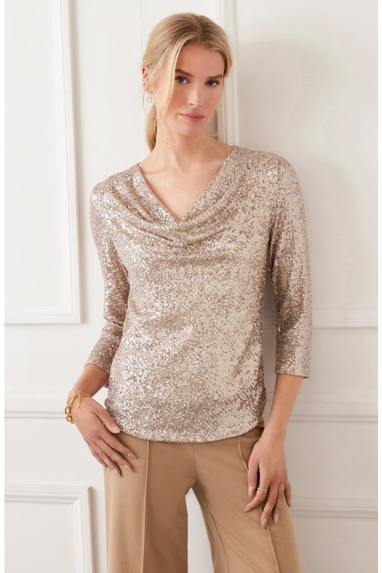 Sequin Drape Neck Top, Alternate, color, CHAMPAGNE
