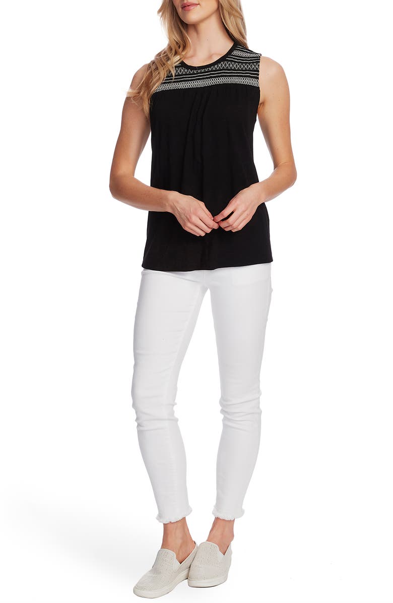 Vince Camuto Embroidered Yoke Sleeveless Cotton Blend Top, Alternate, color, 
