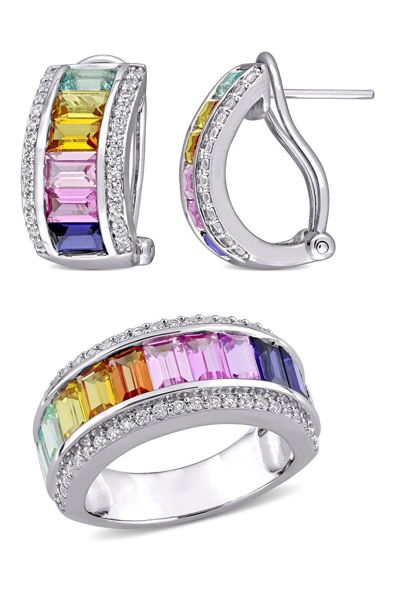 Sterling Silver Multicolor Sapphire Half Huggie Hoop Earrings & Ring Set, Main, color, MULTICOLOR