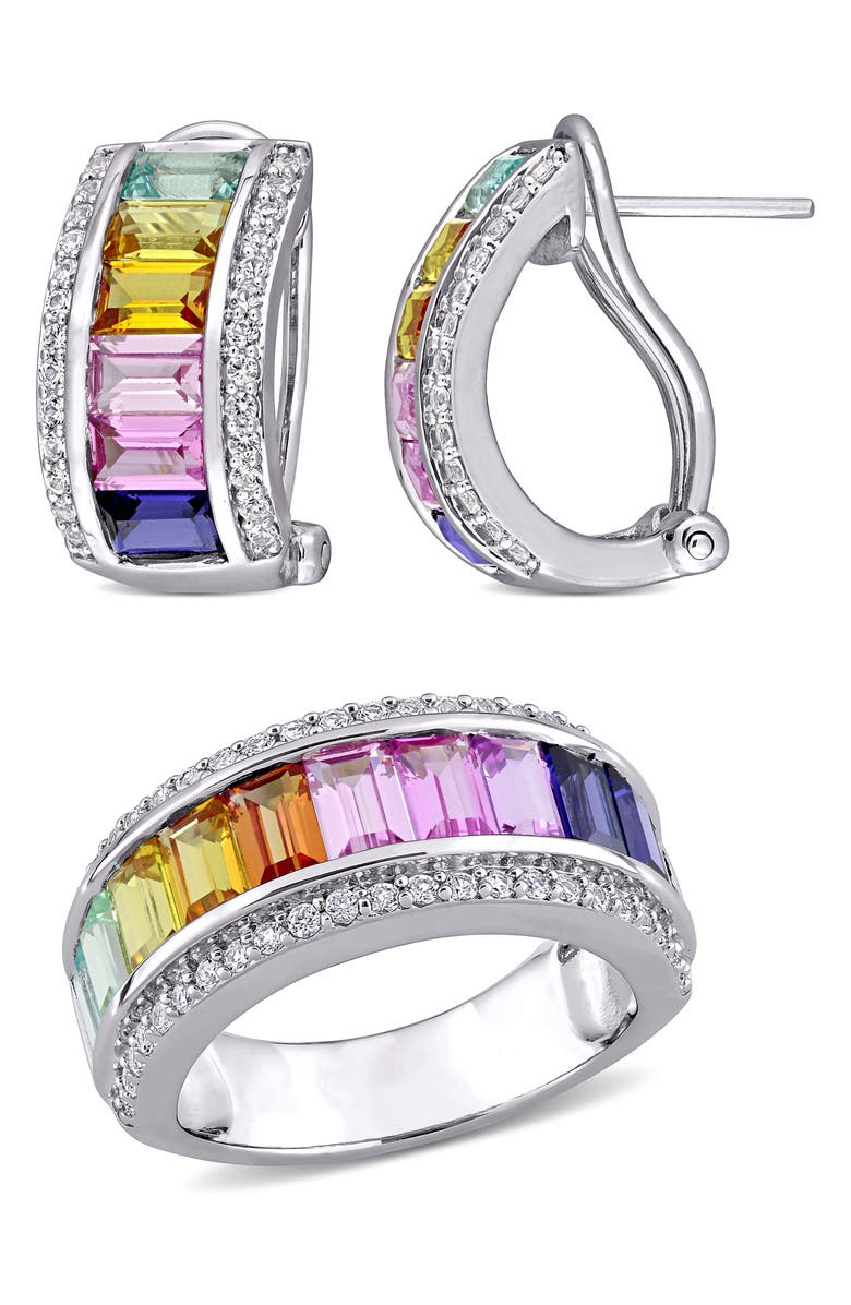 DELMAR Sterling Silver Multicolor Sapphire Half Huggie Hoop Earrings & Ring Set, Main, color, 