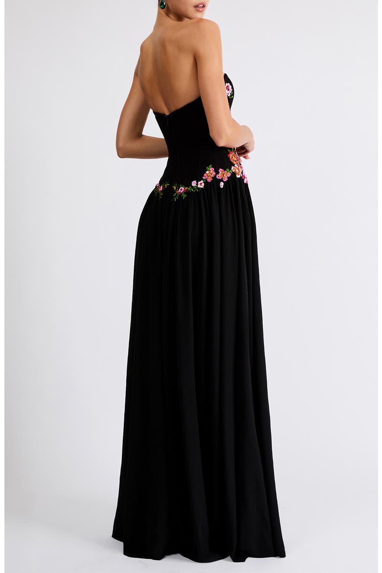 Caroline Floral Appliqué Strapless Maxi Dress, Alternate, color, BLACK