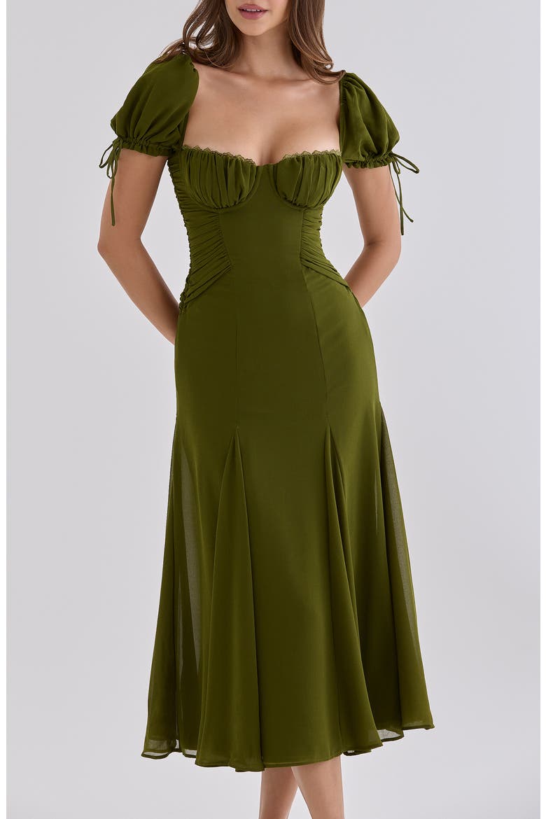 Marceline Chiffon Puff Sleeve Midi Dress, Alternate, color, OLIVE
