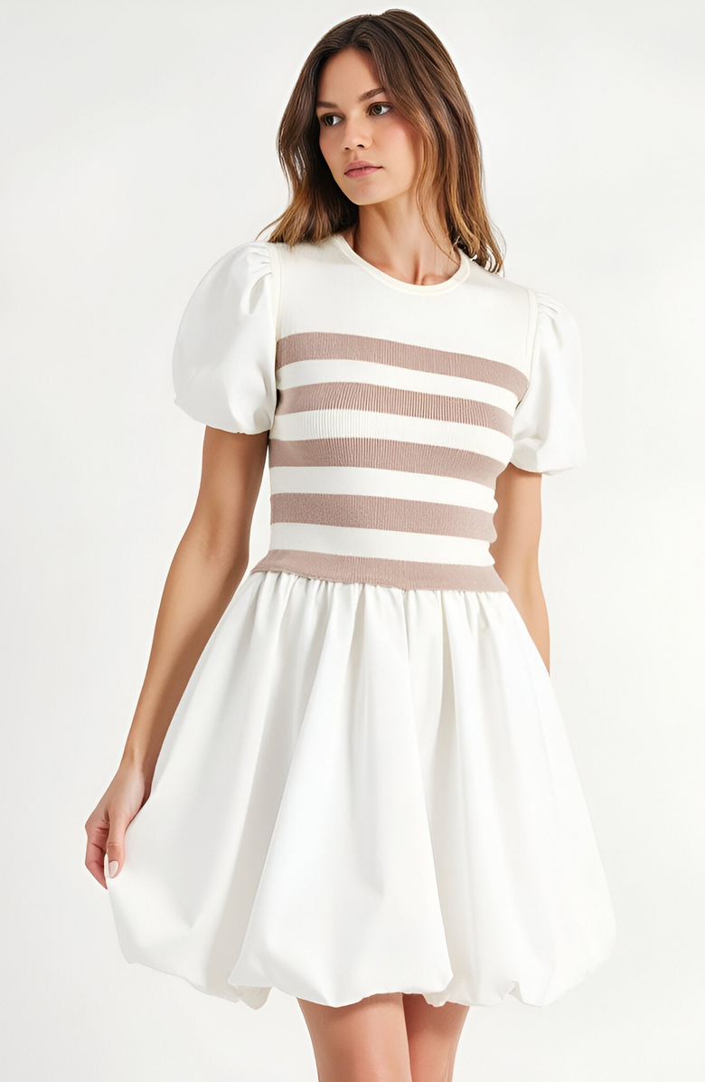 Modenaire Striped Knit Bodice Puff Sleeve Mini Dress with Bubble Hem, Alternate, color, 
