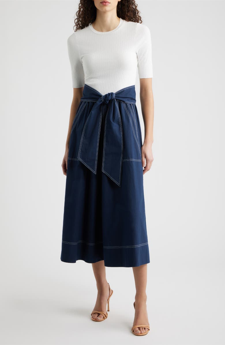 Vince Camuto Mixed Media Tie Front Midi Dress, Main, color, Ivory Navy