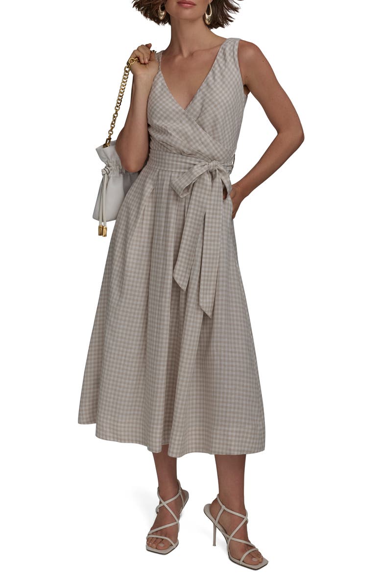 gingham linen midi wrap dress Ann Taylor Gingham Belted Midi Dress in Linen Blend Size 12 Sea Haze Women's
