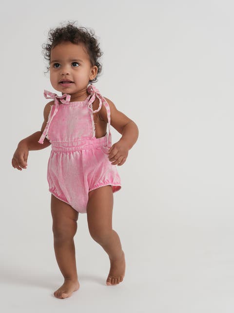 Baby Girl Woven Denim Bubble Overall with Fringe Trim