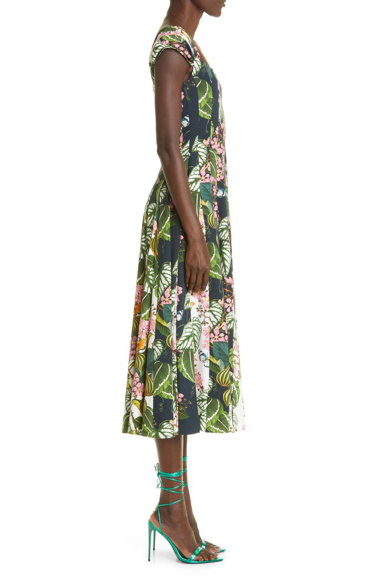 Oscar de la Renta Botanical Print Cap Sleeve Fit & Flare Dress, Alternate, color, 