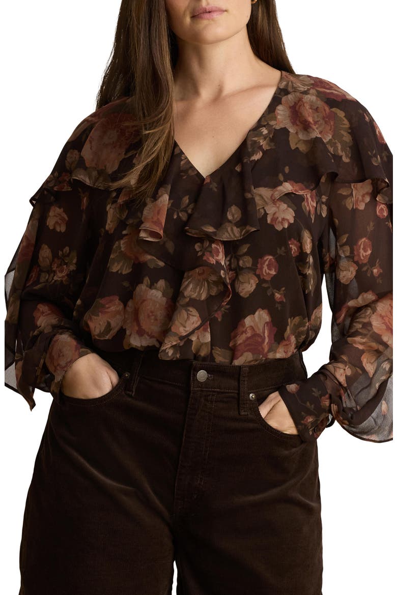 Floral Ruffle Trim Chiffon Top, Alternate, color, BROWN