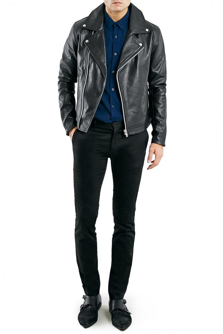 Black Leather Biker Jacket, Alternate, color, BLACK