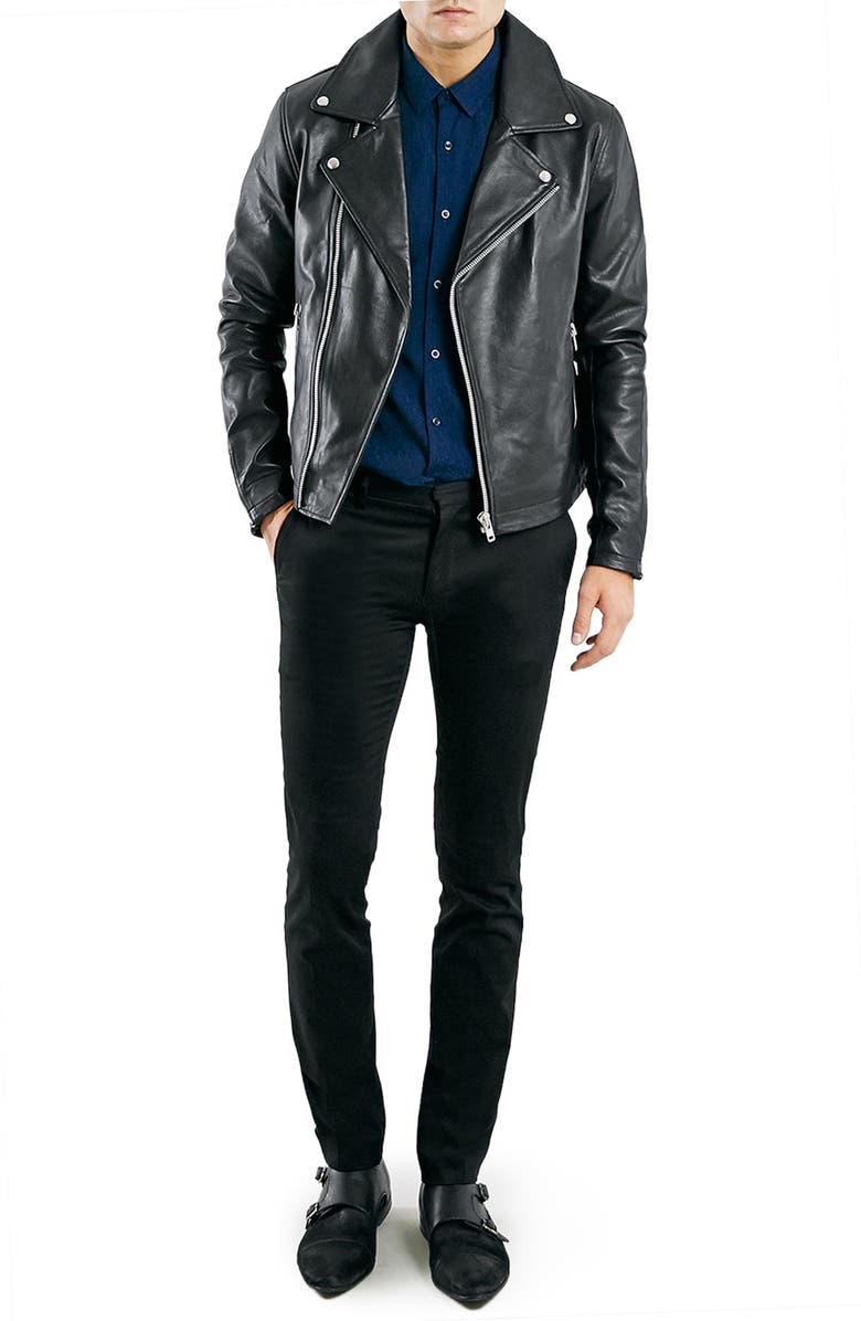 Topman Black Leather Biker Jacket, Alternate, color, 