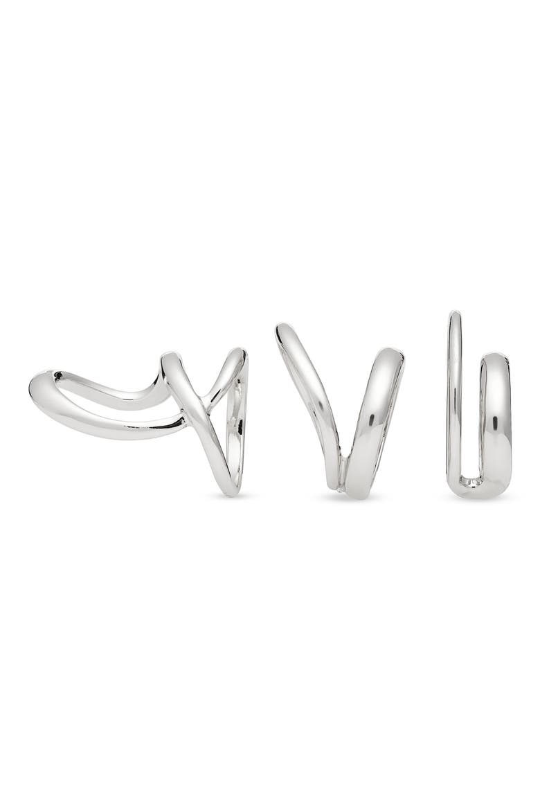Set of 3 Bold Double Band Rings, Alternate, color, RHODIUM