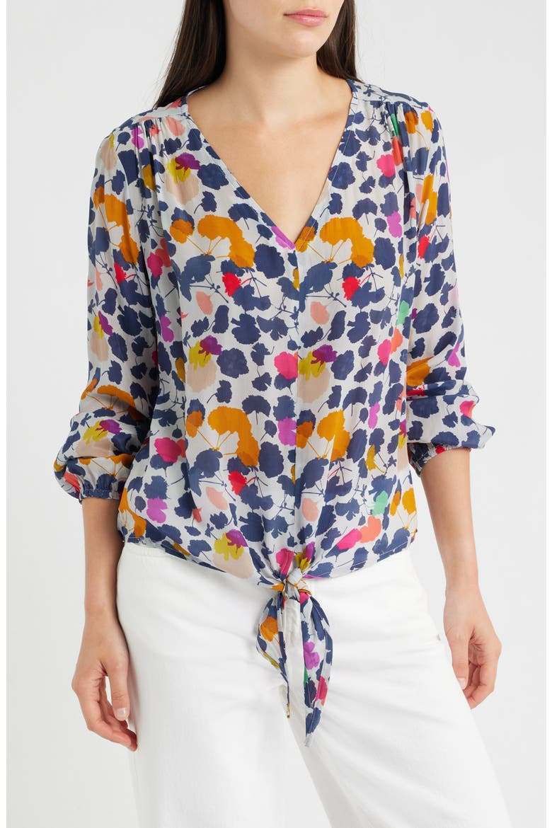 Print Tie Front Top, Main, color, NAVY MULTI