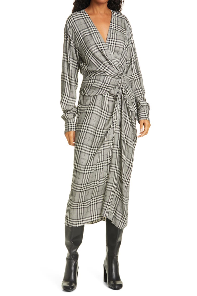 Amber Plaid Front Twist Long Sleeve Midi Dress, Main, color, BLACK/ WHITE