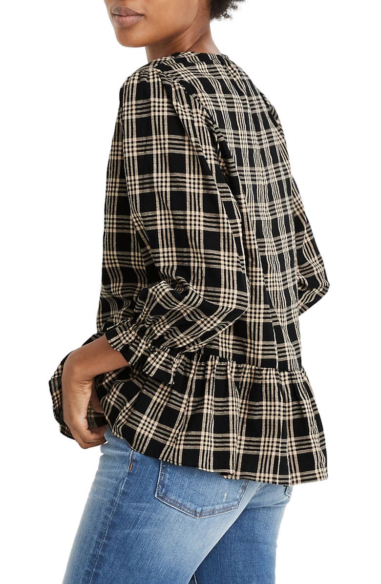 Madewell Courtyard Metallic Plaid Ruffle Hem Top, Alternate, color, 