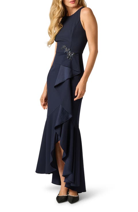 Beaded Appliqué Ruffle Crepe Gown