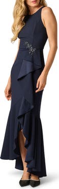 Adrianna Papell Beaded Appliqué Ruffle Crepe Gown