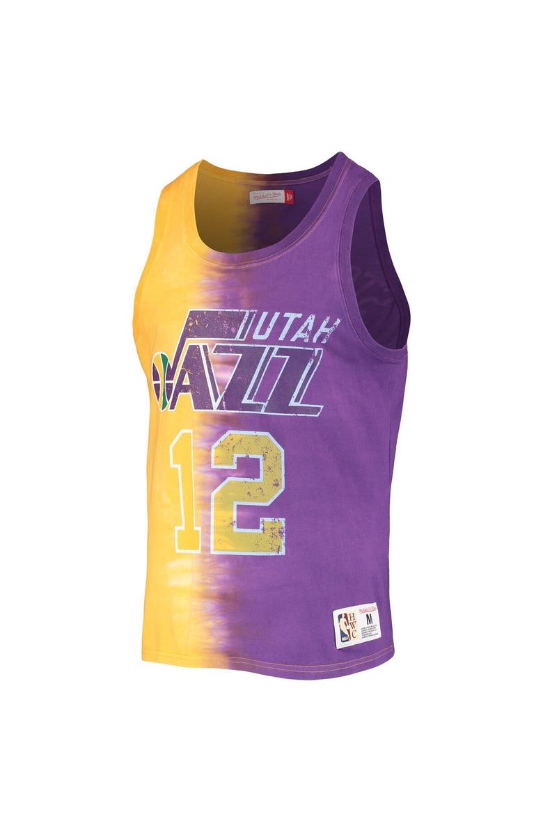 Mitchell & Ness Men's Mitchell & Ness John Stockton Gold/Purple Utah Jazz Hardwood Classics Tie-Dye Name & Number Tank Top, Alternate, color, 