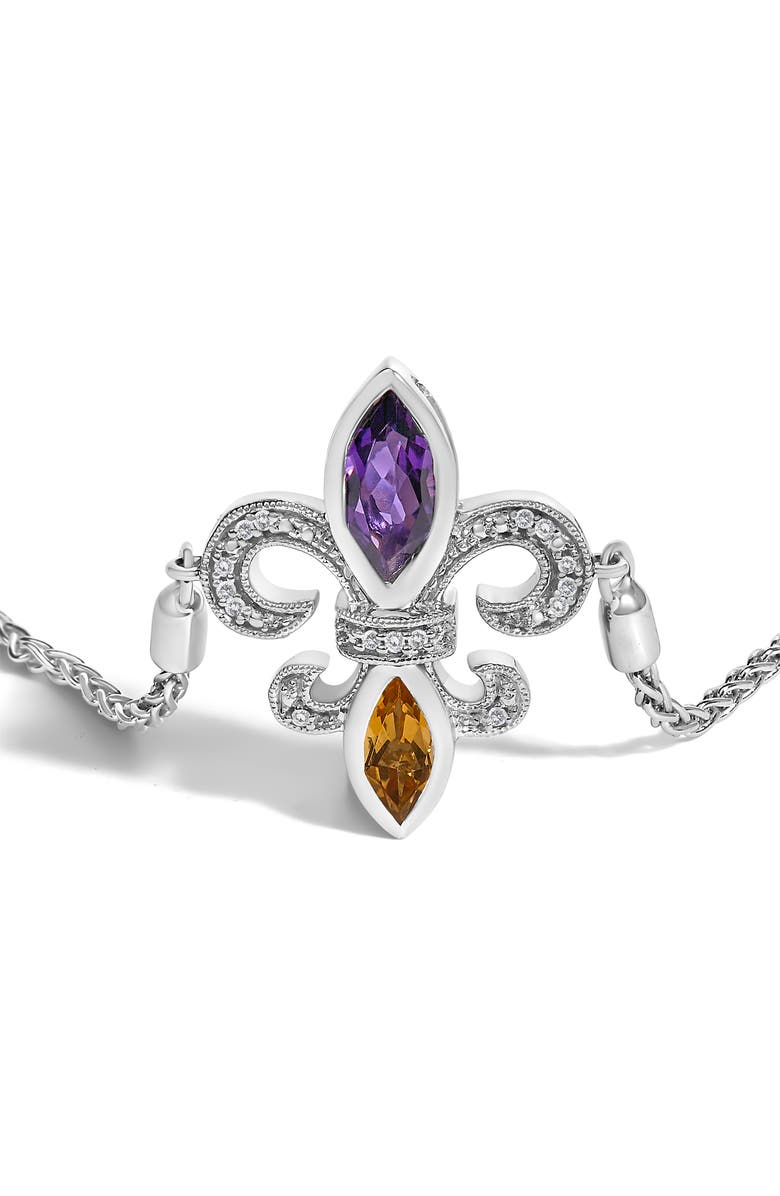Haus of Brilliance Silver Marquise Amethyst, Citrine and Diamond Lariat Fleur De Lis Bolo Bracelet, Alternate, color, White