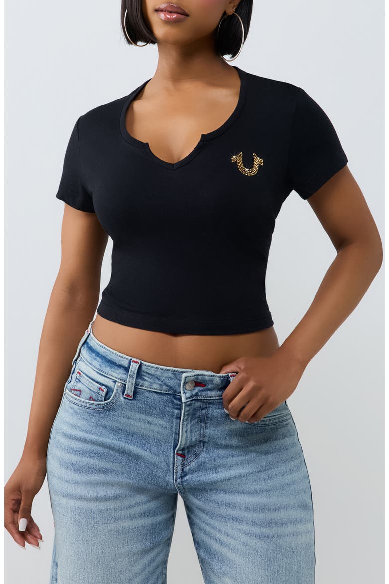 Crystal Logo Notched Neck Baby Tee, Main, color, JET BLACK