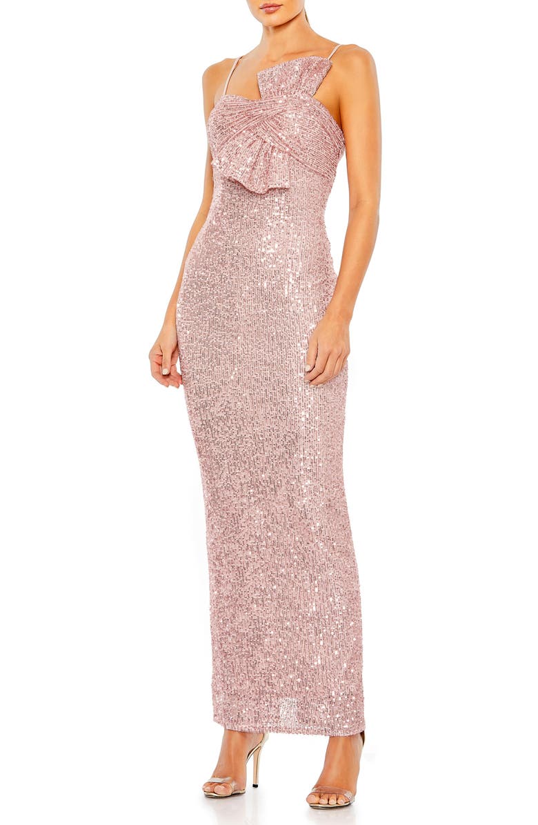 Mac Duggal Sequined Strappless Faux Bow Column Gown, Main, color, Rose Pink