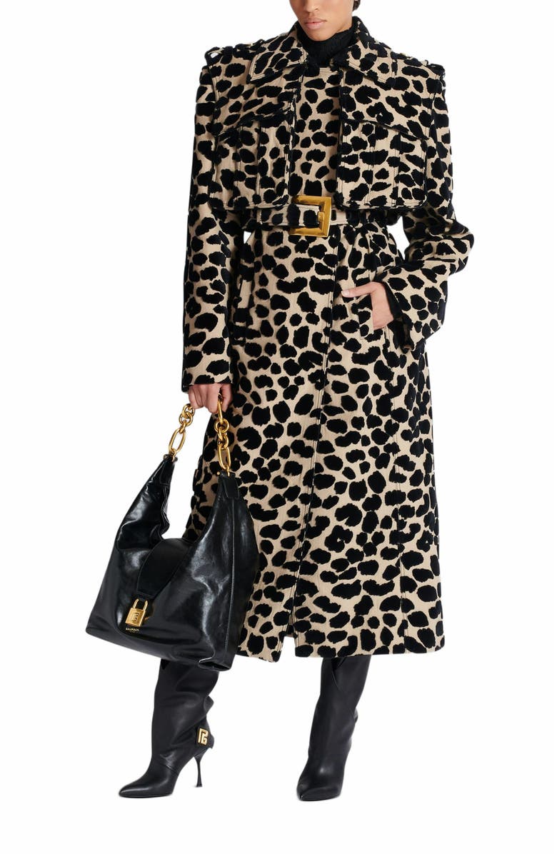Balmain Leopard Print Jacquard Belted Trench, Alternate, color, Black
