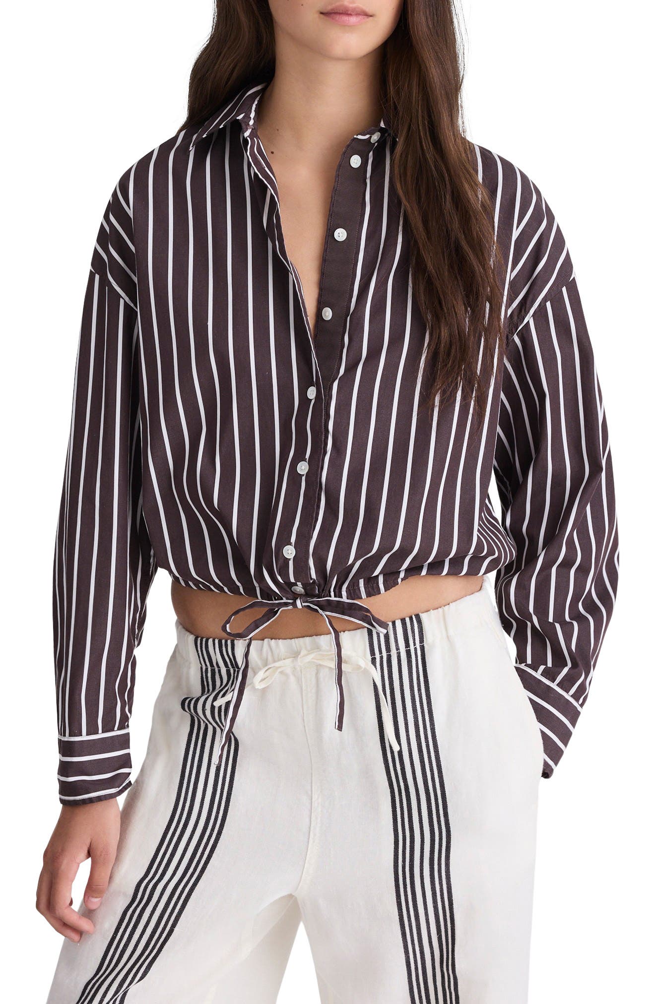 Drawstring Poplin Button-Up Shirt