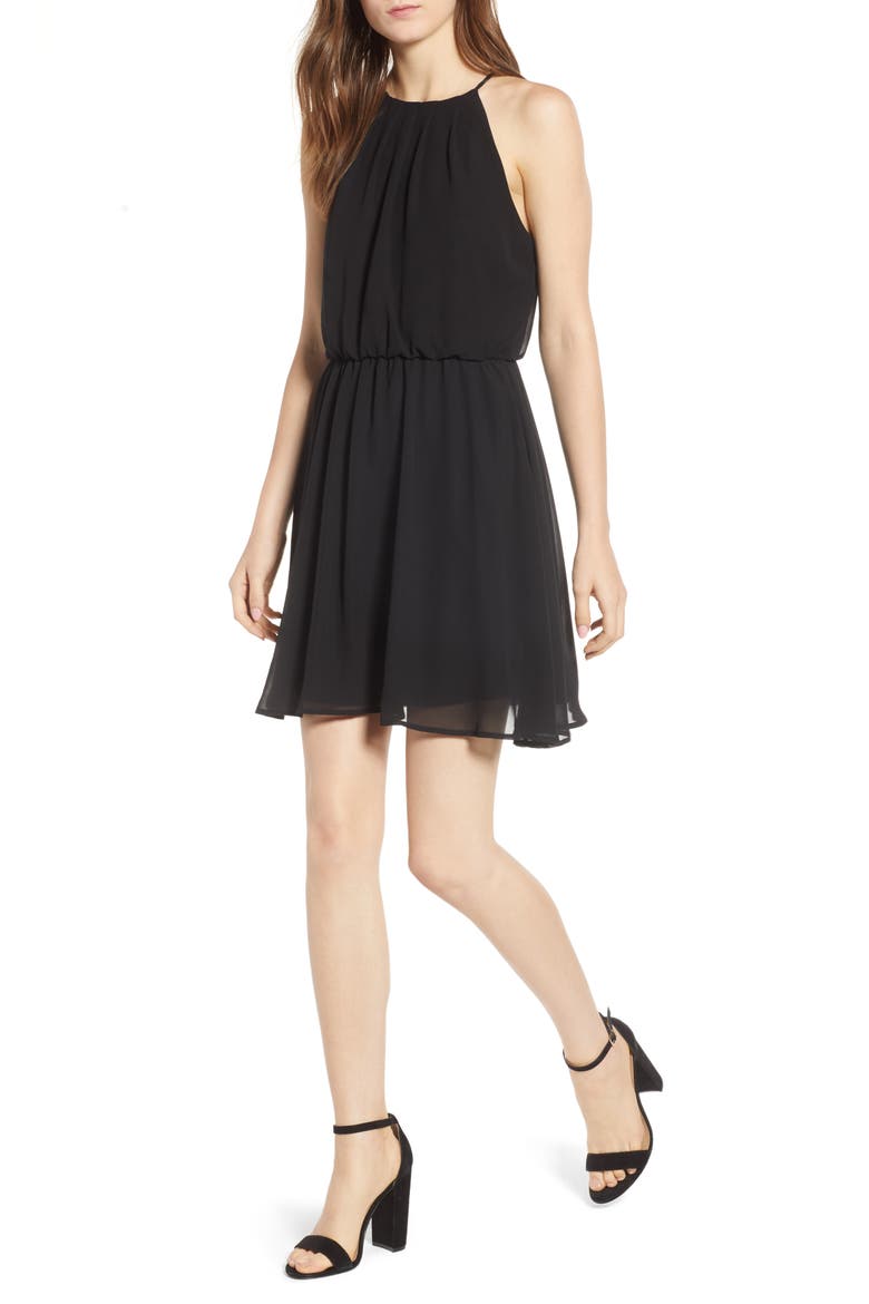Blouson Chiffon Skater Dress, Main, color, BLACK