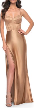 La Femme Stretch Satin Gown with Bustier Top and Lace Up Back