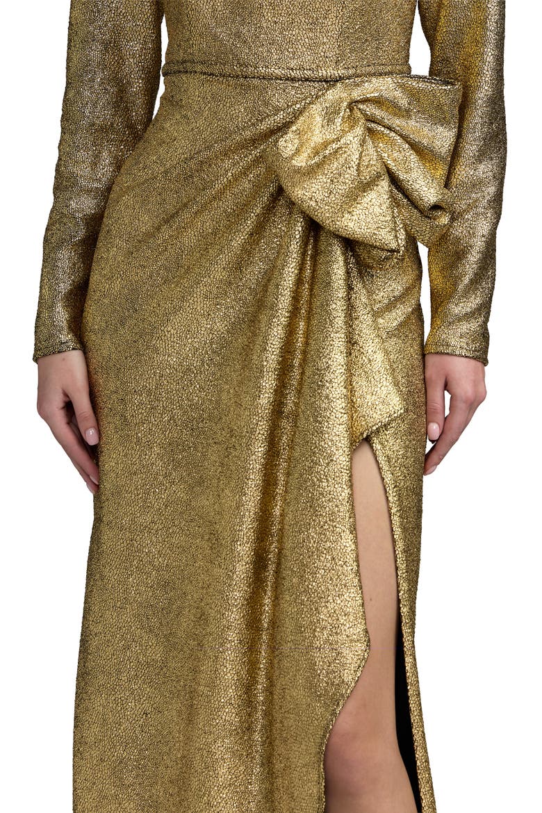 Metallic Long Sleeve Structured Bow Draped Gown, Alternate, color, Gold
