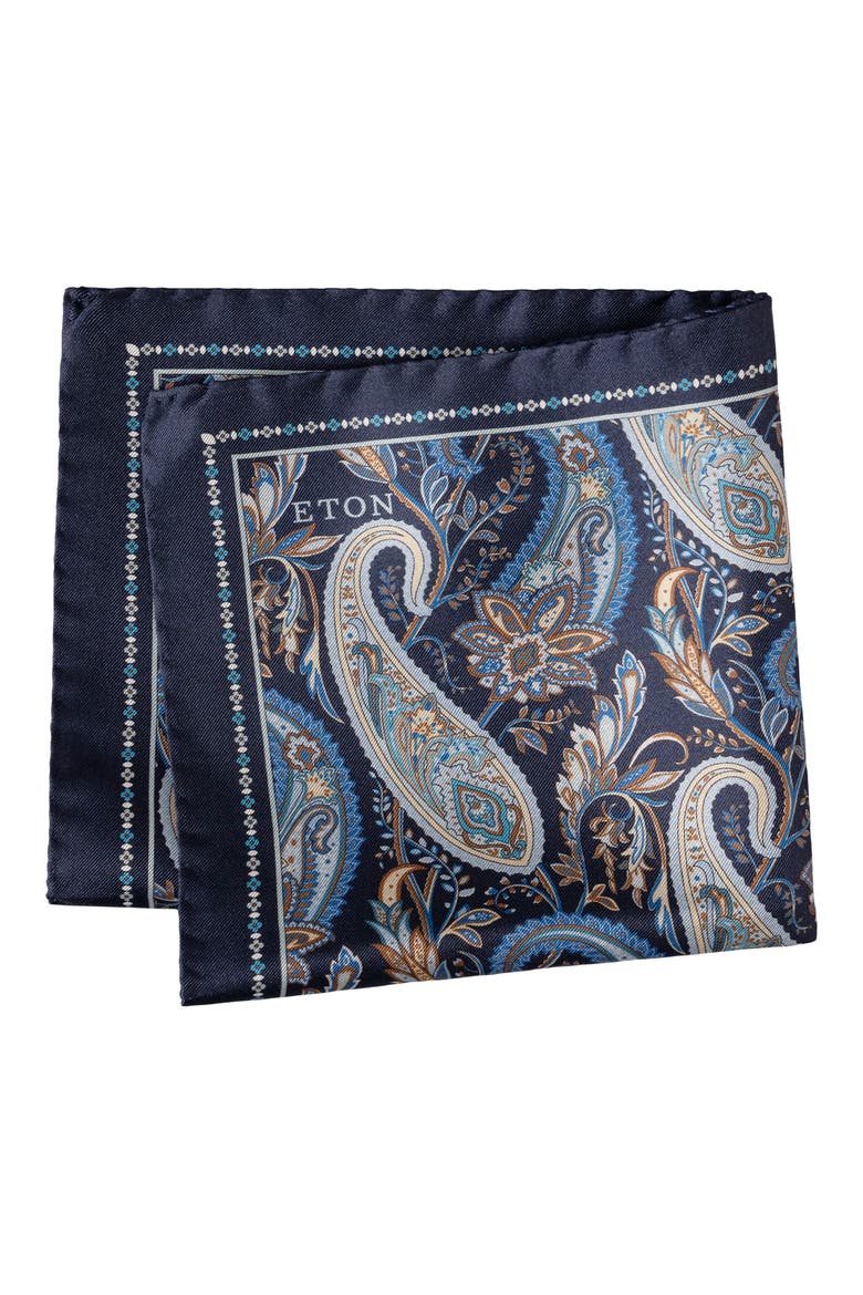 Paisley Silk Twill Pocket Square, Main, color, NAVY