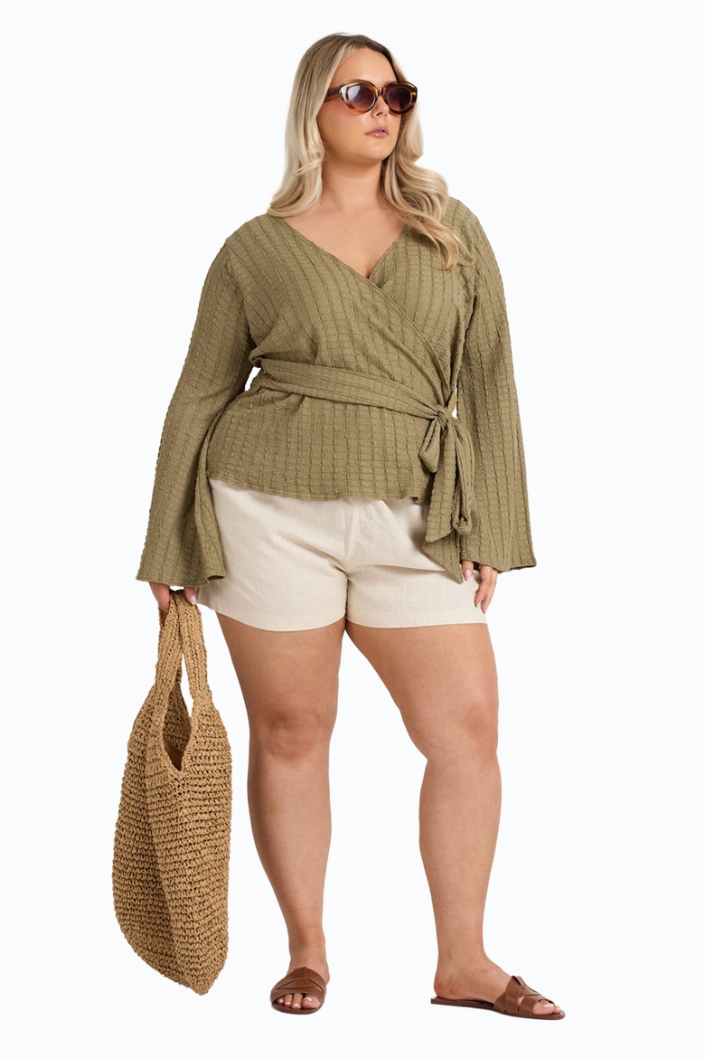 Wrap Front Belted Top, Alternate, color, Khaki
