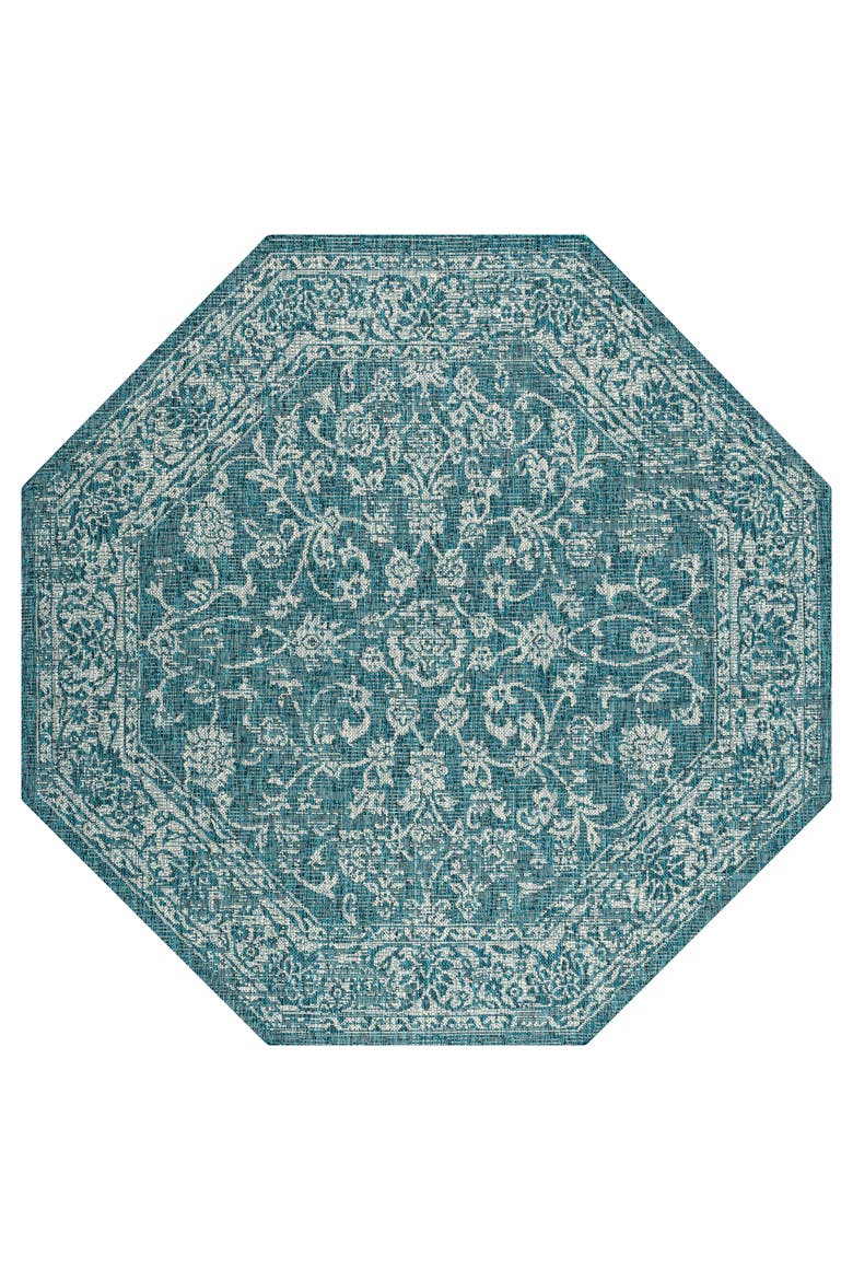 Tela Bohemian Textured Weave Floral Octagon Indoor/Outdoor Area Rug, Main, color, Teal/Gray