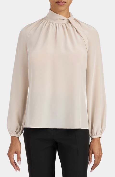 Dakota Silk Mock Neck Blouse with Long Lantern Sleeves