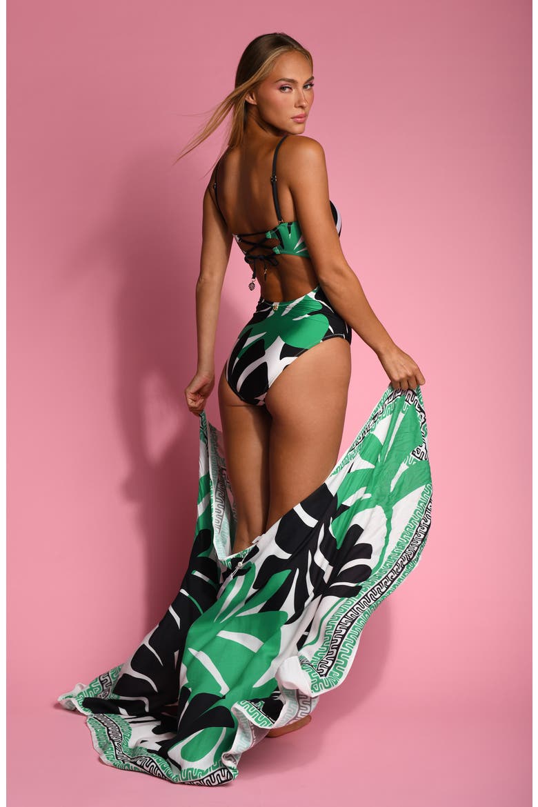 Monstera Bandeau One-Piece Swimsuit, Alternate, color, GREEN MULTI