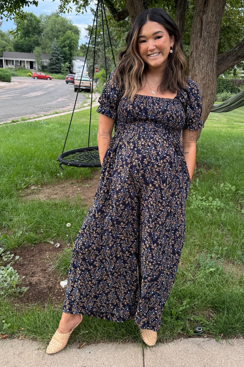 Floral Smocked Jumpsuit, Alternate, color, Navy Blue