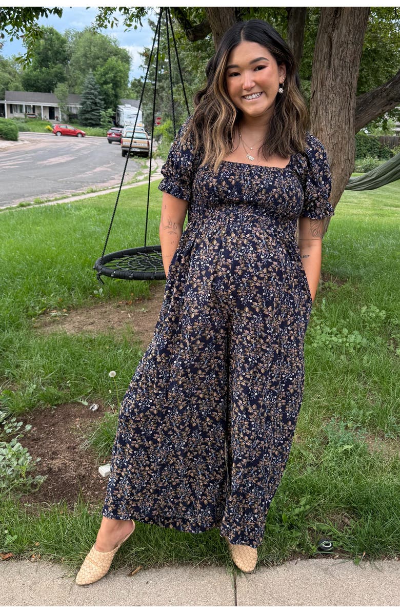 PinkBlush Floral Smocked Jumpsuit, Alternate, color, Navy Blue