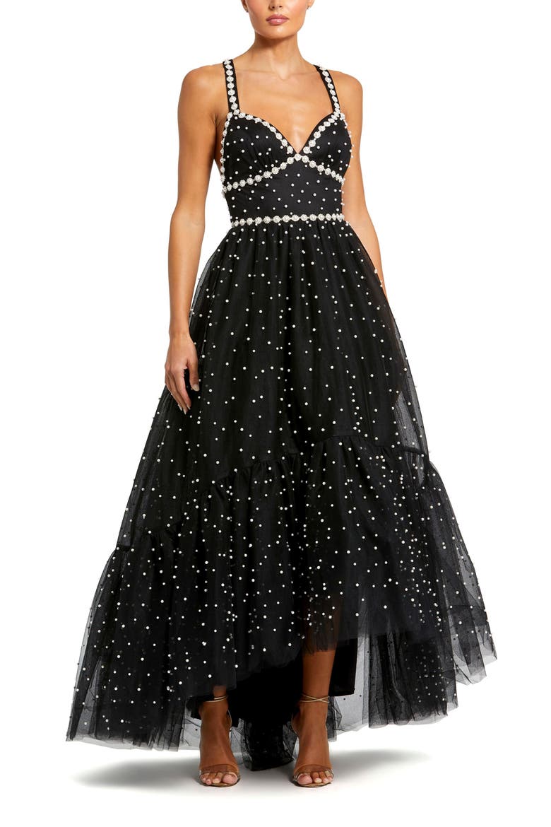 Pearl Beaded High Low Gown, Main, color, Black Ivory