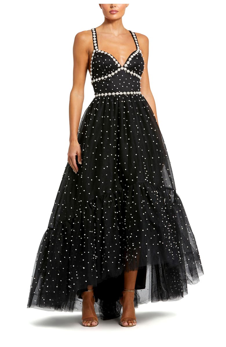 Mac Duggal Pearl Beaded High Low Gown, Main, color, Black Ivory