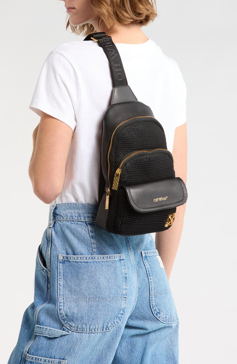 Off-White Mixed Media Sling Bag, Alternate, color, Black