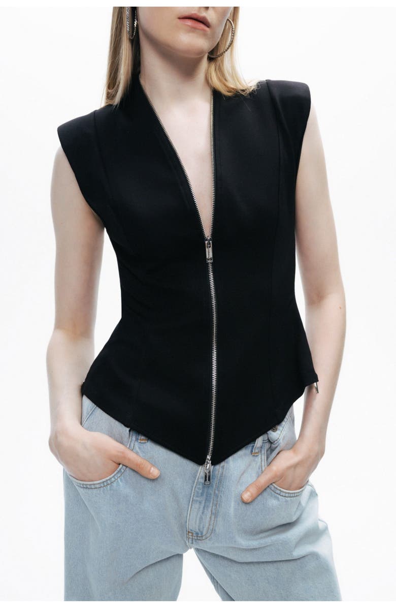 Nocturne Black Sleeveless Zip-Front Blouse with Structured Silhouette, Alternate, color, 