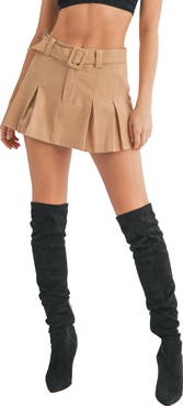All in Favor Belted Pleated Cotton Miniskirt