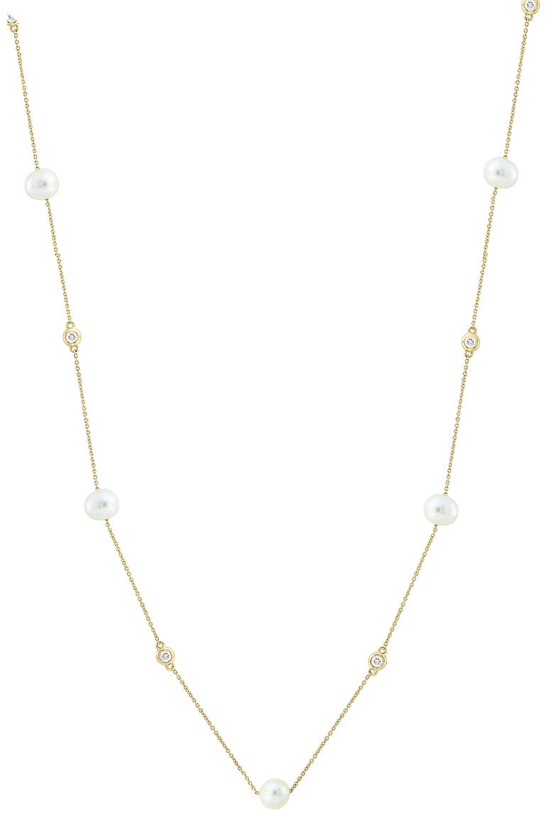 14K Yellow Gold Diamond-Accented Freshwater Pearl Station Necklace, Main, color, 14K Gold